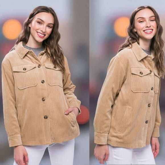Tan Corduroy Button Up Jacket - Sherpa Lined Size Large NWT - Love Tree - Picture 3 of 13